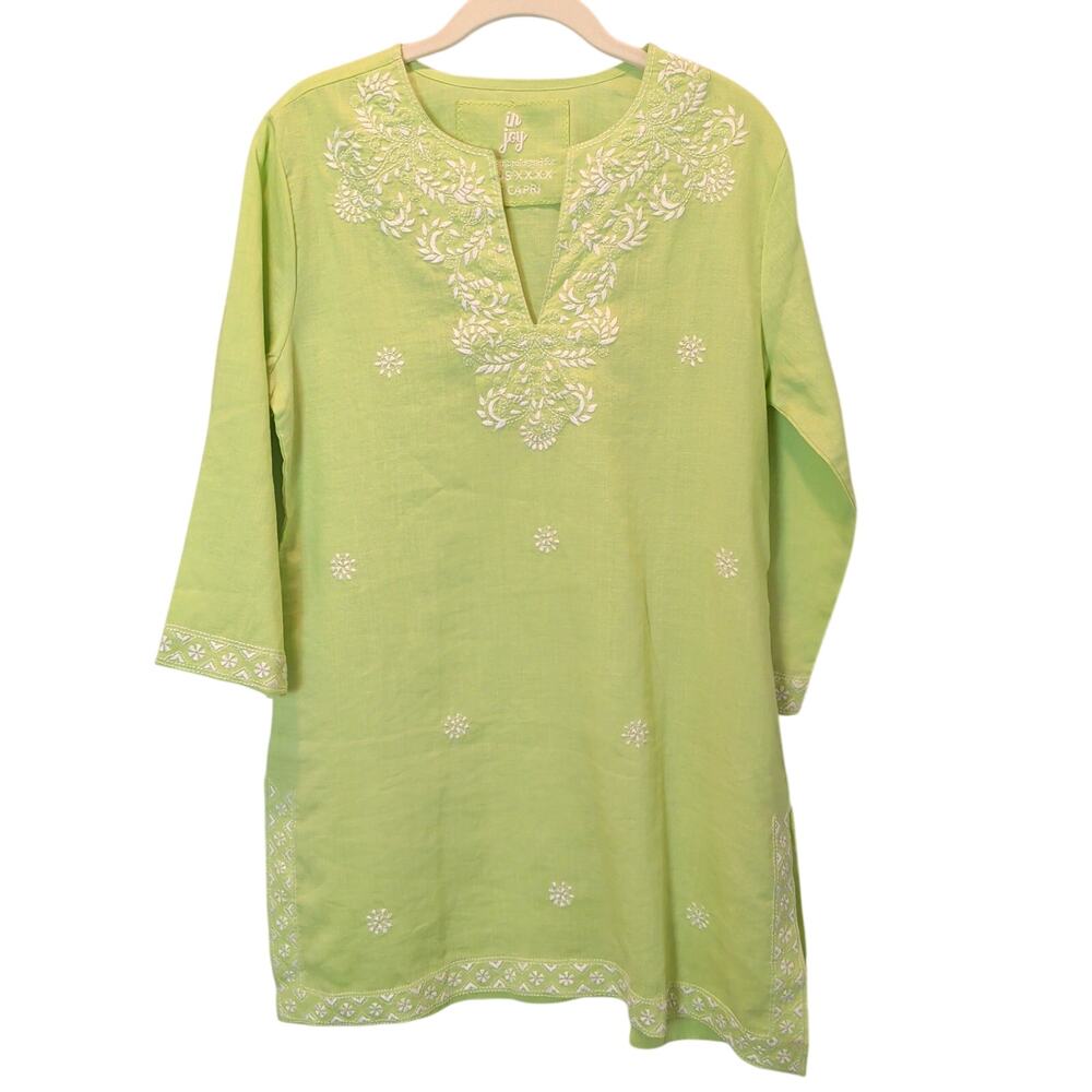 In Joy Hand Embroidered Tunic Lime Green White Tunic Split V Neck Lightweight